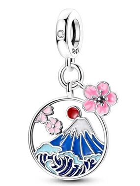 NWOT Japan Mount Fuji Sakura Flower Dangle Charm Sterling Silver 925